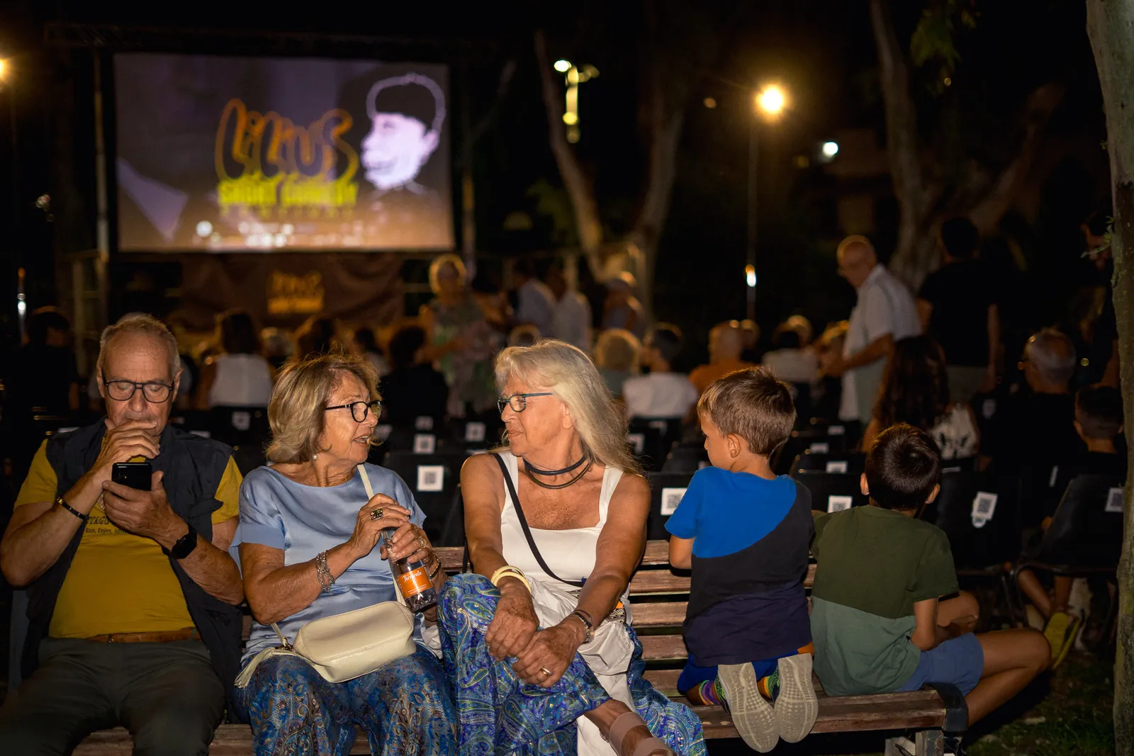 Il pubblico seduto nella sera, con il logo del festival proiettato sullo schermo alle spalle